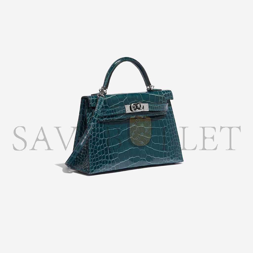 H**mes master kelly mini ii silver buckle shiny crocodile bosphorus green (19*12*5.5cm)